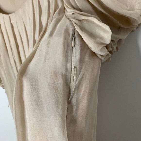 Miss Me MM Couture Silk Blouse Pleated Short Sleeve Taupe Beige Size Small - Picture 6 of 10